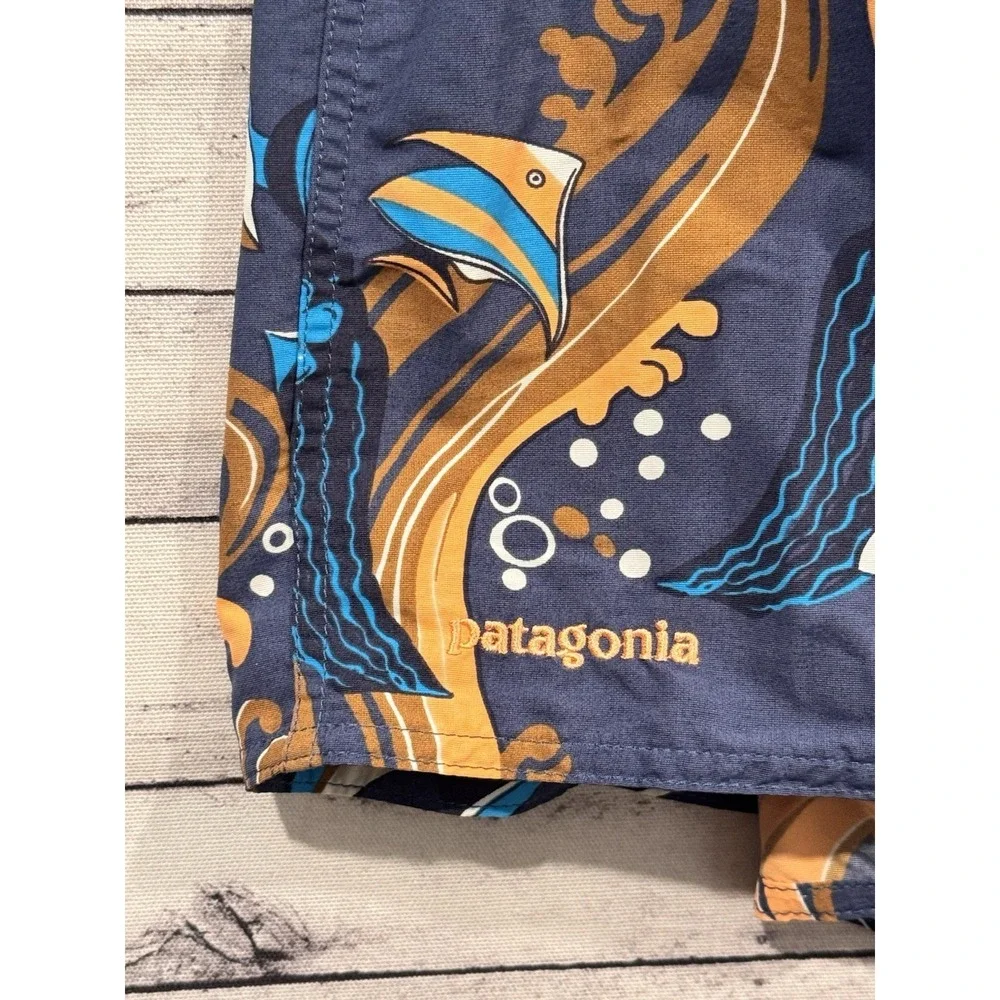 PATAGONIA Mens Board Short Sz 38 Blue Minimalist Wavefarer Nylon Fish Swim Trunk